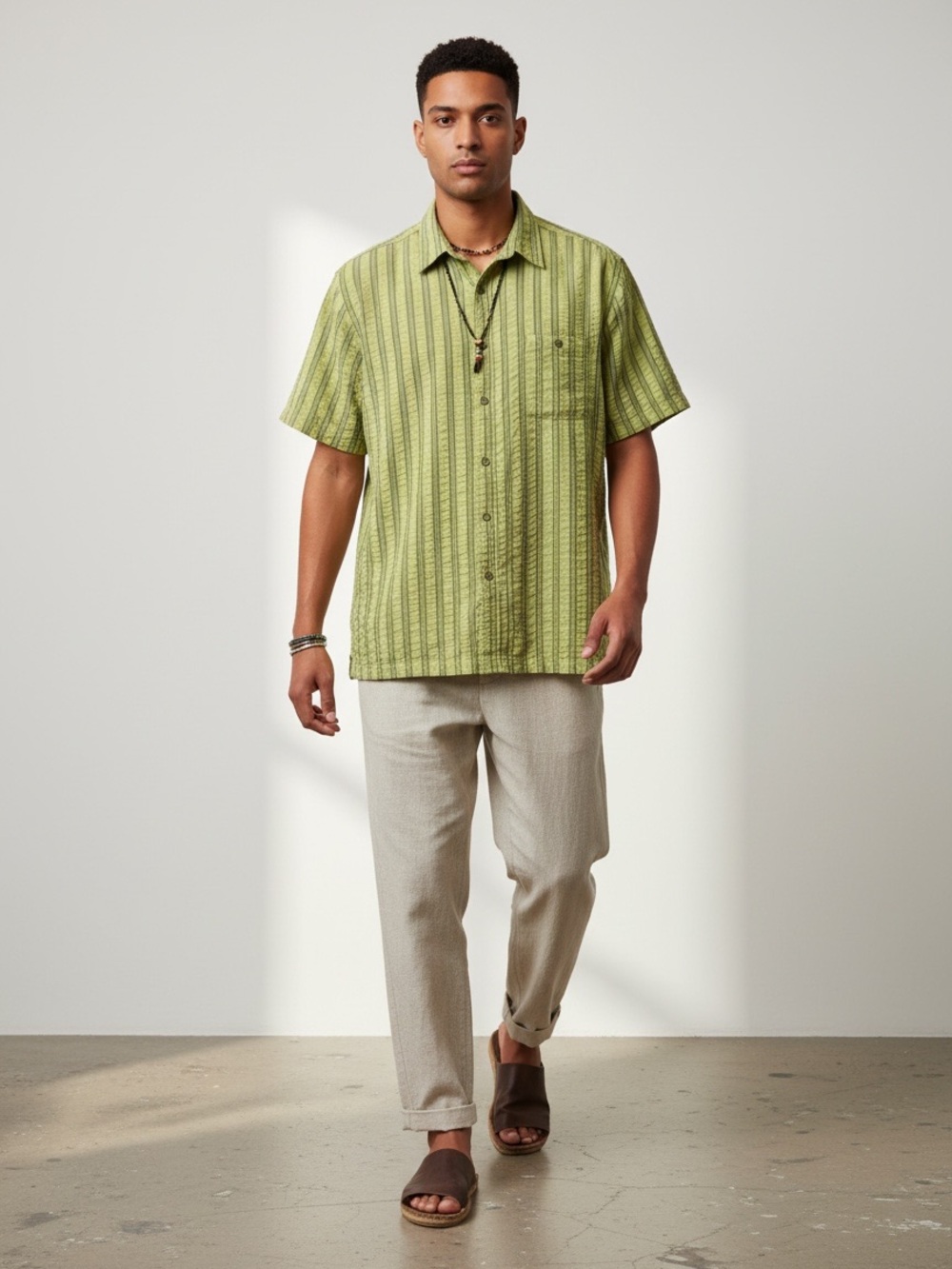 REI Short Sleeve Button Up Shirt XL Green Stripe Casual Earth Utility